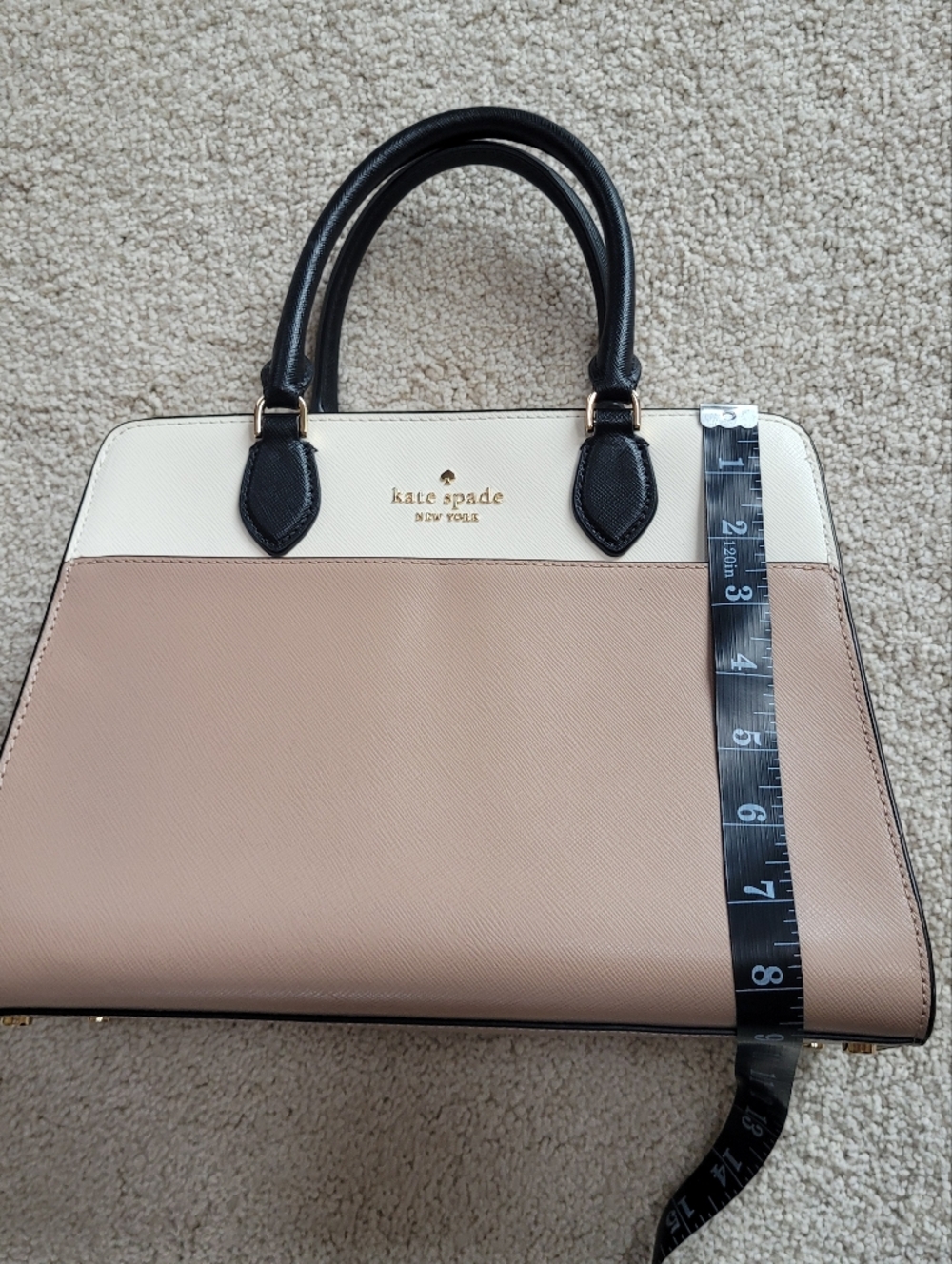Kate Spade Womens Cream Tan Black Leather Madison Top Zip Medium Satchel - Picture 11 of 12